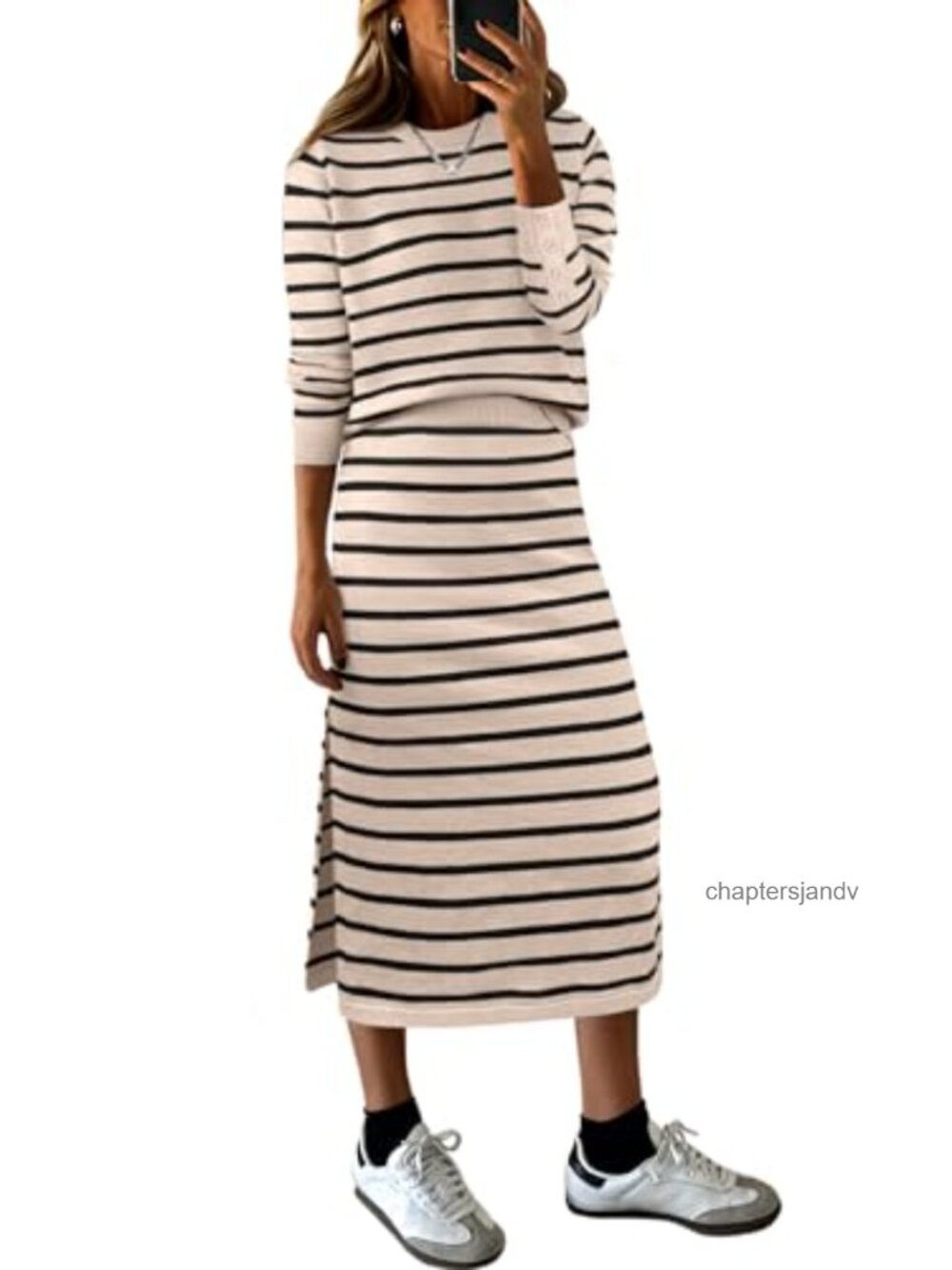 Women 2 Piece Striped Sweater Skirt Set Long Sleeve Midi